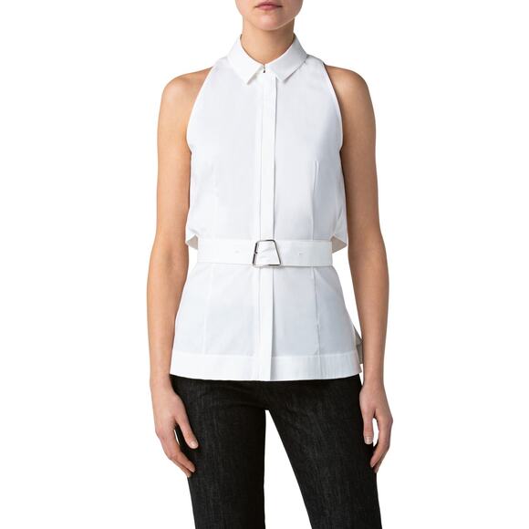 Akris Ecru White Belted Sleeveless Poplin Cape Back Tunic Blouse Size 12 NWT - Picture 1 of 7